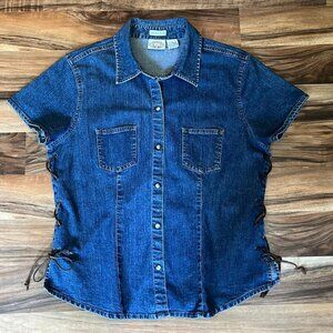 VTG Carolina Blues Denim Pearl Snap Side Lace Cinch Top Western Coastal Cowgirl